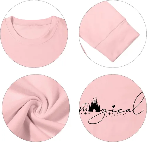 Vista 5 de UNIQUENOE - Sudaderas de manga corta para mujer, camiseta mágica para vacaciones familiares, diseño de castillo