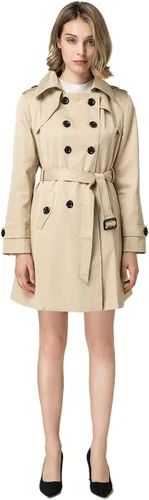 Vista 2 de NANJUN Gabardina de doble botonadura para mujer, abrigo clásico con solapa, ropa de abrigo delgada impermeable con hebilla de cinturón A-caqui