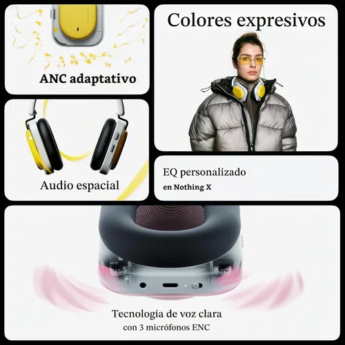Vista 4 de Nothing Auriculares (a) Auriculares con cancelación activa de ruido adaptables 2026, auriculares inalámbricos Bluetooth 5.4 ANC con LDAC Hi-Res, 5