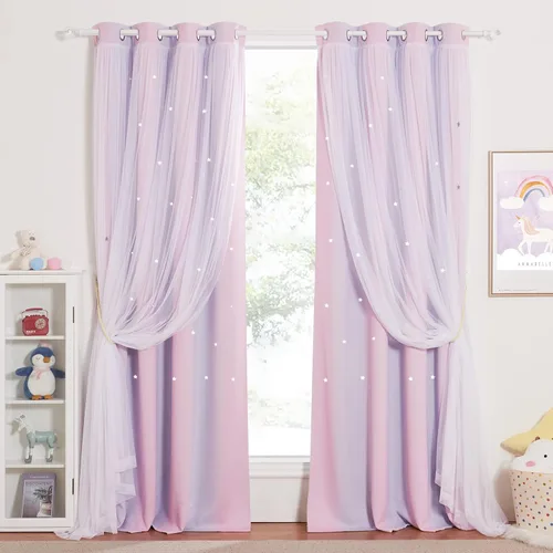 Vista 48 de NICETOWN Cortinas para Dormitorio de Niñas Infantiles con Estrellas Caladas Ventana 2 Capas Cortina 63 Pulgadas de Longitud Oscurecimiento