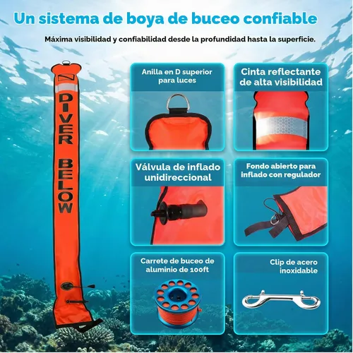 Vista 2 de DSMB Surface Marker Buoy with 100ft Finger Spool Reel Diver Below Signal Flag Tube Scuba Diving Equipment Open Bottom Set