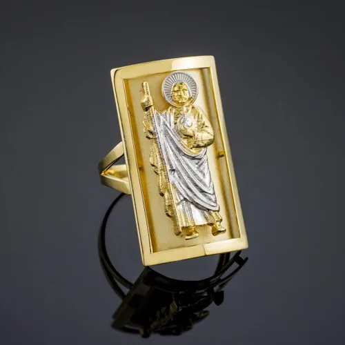 Vista 2 de Anillo largo de oro sólido de 14 k en dos tonos con escudo de San Judas 0500 x 0898in