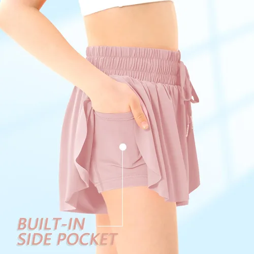 Vista 3 de Pantalones cortos deportivos de mariposa para niñas, pantalones cortos fluidos con bolsillo 2 en 1, pantalones cortos para correr, entrenamiento