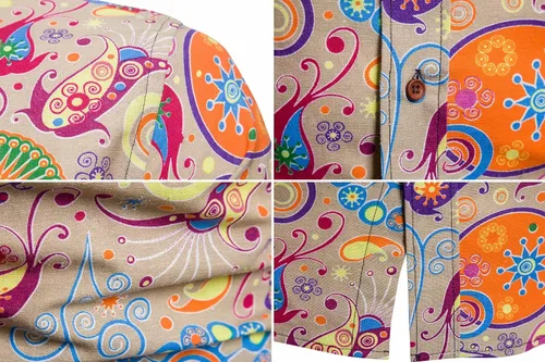 Vista 6 de QZH.DUAO Camisas de lino de discoteca de los años 70 para hombre, estilo casual, estampado de cachemira, floral, vintage, de manga larga y camisa