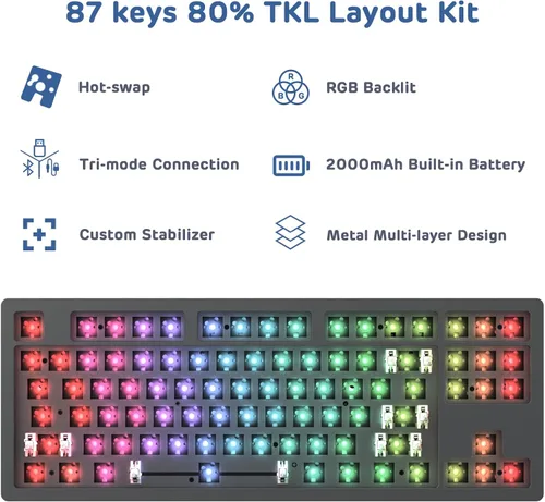 Vista 2 de A.JAZZ Kit de teclado mecánico inalámbrico para bricolaje con conexión de tres modos, base de metal recargable de intercambio en caliente, 80%