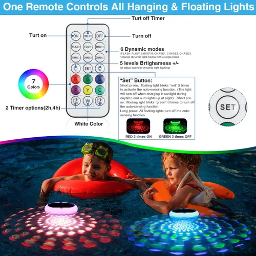 Vista 6 de Luces solares para piscina (1 unidad), 2600 mAh USB recargables luces flotantes flotantes de 6.7 pulgadas IP68 impermeable con control remoto, RGB