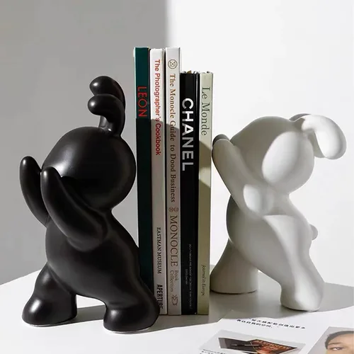 Vista 5 de Linxia 2 sujetalibros de conejo, extremos de libro para estantes, organizador de figuras de animales de cerámica, resistente para sostener libros