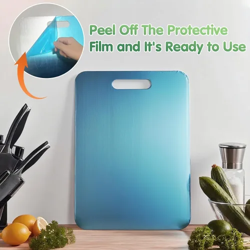 Vista 2 de Tabla de cortar de titanio, nuevas tablas de cortar de titanio 100% puro para cocina, tabla de cortar de metal de alimentos de doble cara,