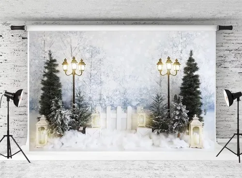 Vista 21 de Kate Telón de fondo de fotos de casa de campo de Navidad, fondo de puerta rosa, nieve blanca, árboles de Navidad, fondo de fotos, accesorios de 5