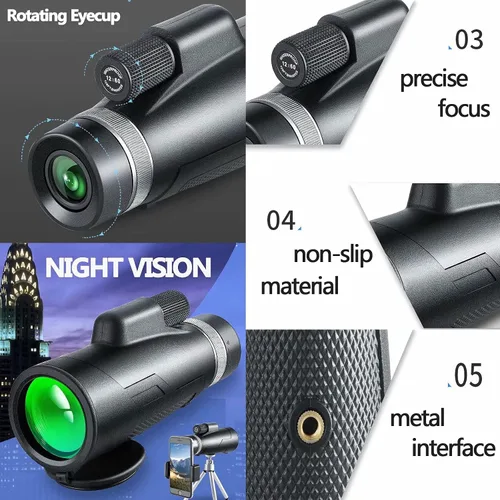 Vista 4 de YSCO Monocular Telescope for Smartphone, Monoculars for Adult High Power with Night Vision, Handheld Telescope with Tripod and Phone Holder, 60mm