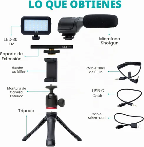 Vista 2 de Movo uVlogger - Kit de vlogging compatible con Android/USB-C Accesorios para smartphones: trípode, montaje, luz LED y micrófono de escopeta