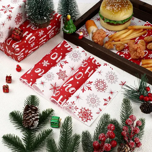 Vista 4 de Fumete 80 piezas de hojas de papel encerado de Navidad para alimentos, papel encerado con copos de nieve, papel encerado Hoho, envoltorios a granel