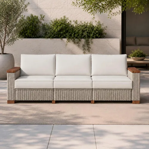 Vista 10 de PaPaJet Sofá de dos plazas para exteriores, sofá de mimbre con reposabrazos y patas sólidos, cojín de 4.7 pulgadas de grosor, sofá modular