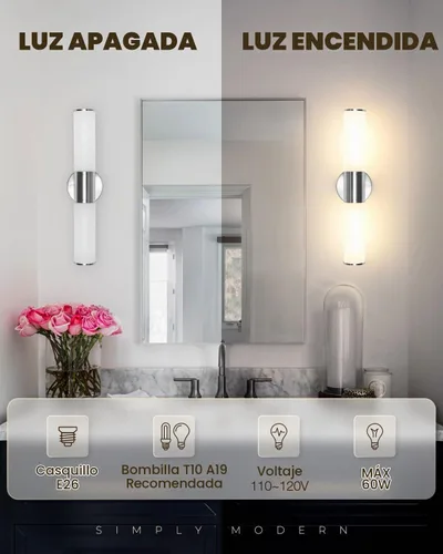 Vista 3 de Lámpara de pared de 2 luces para tocador de baño, aplique de pared de níquel cepillado con vidrio blanco ópalo, lámpara de pared interior E26, luz