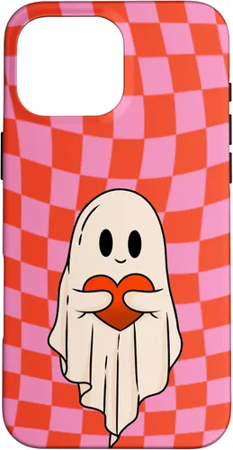 Vista 19 de Funda para iPhone 17 de San Valentín Retro Ghost Hugging Heart Checkerboard Rosa Rojo