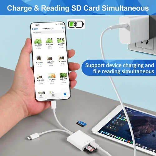 Vista 5 de Lector de Tarjetas SD para iPhone iPad, Visor de Tarjetas SD para Cámara de Sendero Digital con Ranura Dual para MicroSD/SD, Conectar y Usar, Carga