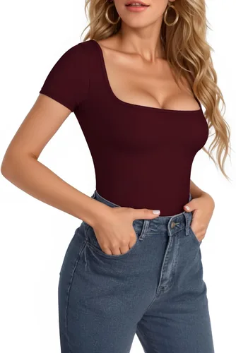 Vista 143 de MANGOPOP - Body de manga corta con cuello cuadrado para mujer