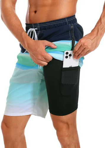 Vista 34 de Difficort - Traje de baño para hombre con forro de compresión, pantalones cortos de secado rápido con bolsillos con cremallera 1-a/ Rayas negras
