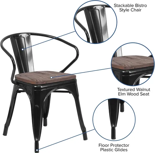 Vista 4 de Flash Furniture Silla de metal negro con asiento y brazos de madera