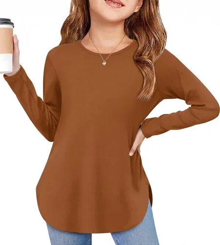 Vista 8 de Arshiner - Camisetas de manga larga para niñas, cuello redondo, dobladillo curvo, abertura lateral, básicas, casuales, de ajuste holgado, tipo