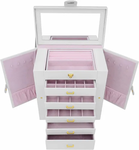 Vista 6 de AKOZLIN - Organizador de joyería extra grande de 6 niveles con espejo, estuche de joyería de cuero con 5 cajones para mujeres y niñas, para anillos