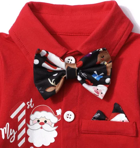 Vista 8 de Conjunto de 3 piezas de traje de Navidad para bebé niño con corbatín y tirantes, pantalones, gorro, conjunto de 3 piezas