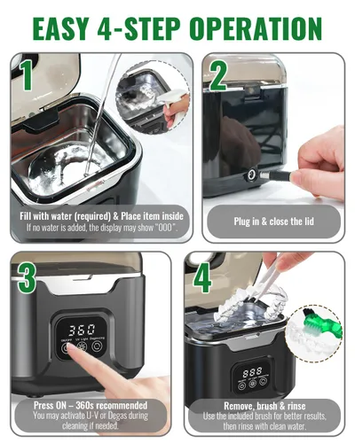 Vista 5 de Limpiador ultrasónico de retenedores, limpiador de retenedores dentales portátil de 48 kHz con capacidad de 8.1 fl oz, limpiador bucal digital