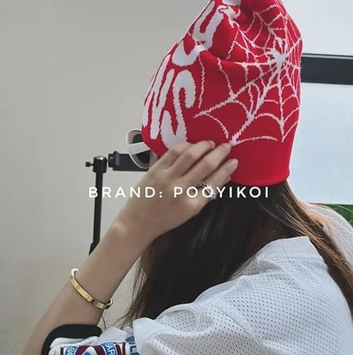 Vista 2 de Pooyikoi Sombrero de punto para hombres y mujeres, gorra de calidad, gorro cálido Harajuku, gorro gótico, patrón de araña, lana, acrílico, Y2k