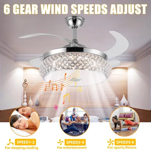 Vista 6 de Lámpara de techo invisible de 42 pulgadas con luz y altavoz Bluetooth, moderna lámpara de ventilador de techo de cristal de 3 colores con control
