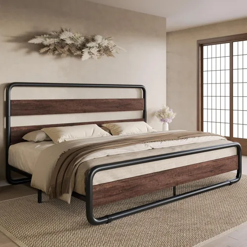 Vista 16 de SHA CERLIN Base de cama de metal de tamaño individual con cabecera y estribo de madera, base de cama de plataforma ovalada resistente