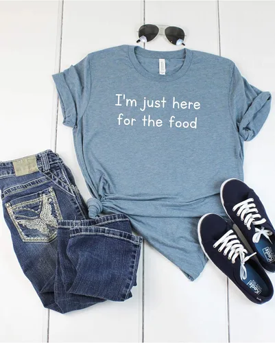 Vista 4 de Camiseta con texto en inglés "I'm Just Here for The Food", camiseta divertida para mujer, camiseta casual con gráficos, camiseta de manga corta