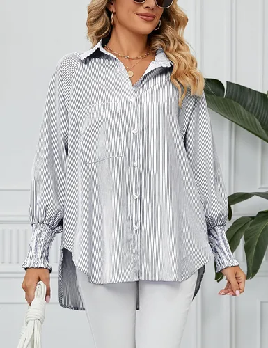 Vista 3 de Camisas a rayas con botones para mujer, blusa elegante con cuello en V y manga larga