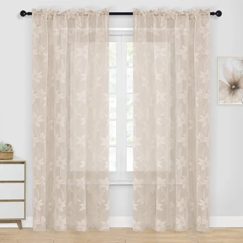 Vista 36 de DWCN Paquete de 2 cortinas traslúcidas pequeñas de encaje floral beige para cocina, cortinas traslúcidas ligeras con bolsillo para barra, cortinas