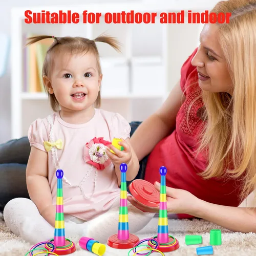 Vista 7 de Zubebe 18 Inch Plastic Ring Toss Game for Kids Colorful Tossing and Active Play Set Travel Ring Toss Quoits Toy Portable Carnival Games Indoor