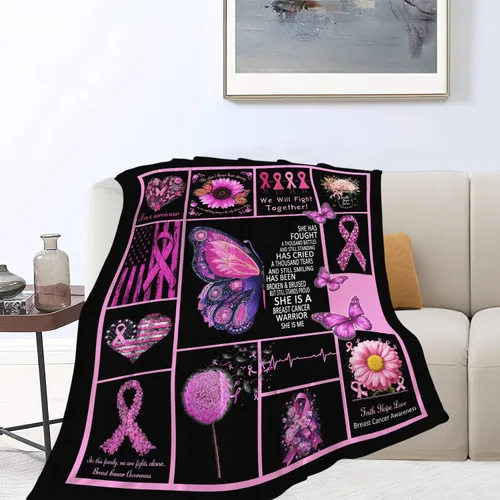 Vista 2 de Manta de Concientización sobre el Cáncer de Mama con Cinta Rosa de Quimioterapia, Manta de Franela de Felpa Suave, Decoración Inspiradora