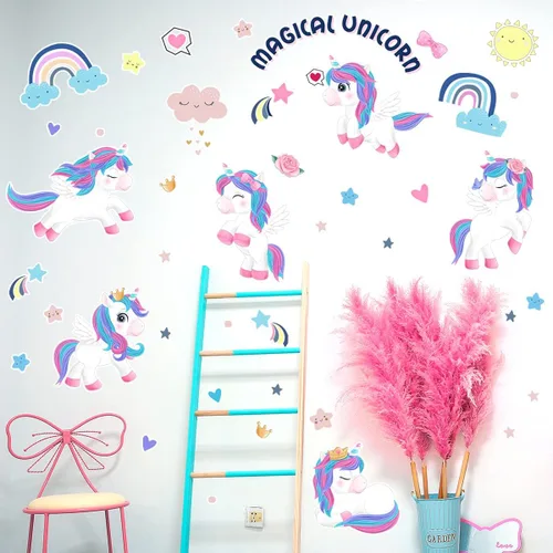 Vista 3 de fanquare Calcomanías de pared mágicas de unicornio con diseño de corazón de arco iris, decoración de pared para niños, niñas, dormitorio, sala
