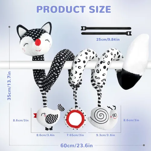 Vista 8 de XIXILAND Juguetes de peluche en espiral para bebé, juguetes de asiento de coche en blanco y negro, juguete de alto contraste para bebés recién