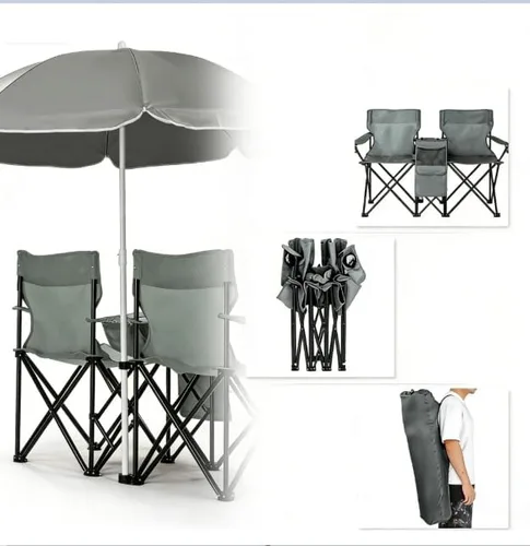 Vista 4 de Silla portátil de dos plazas con paraguas, para acampar en la playa y picnic