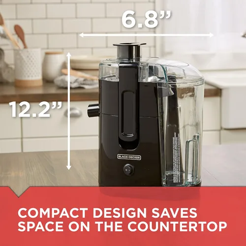 Vista 7 de BLACK+DECKER Extractor de jugo de frutas y verduras con diseño de ahorro de espacio, negro, 400 vatios