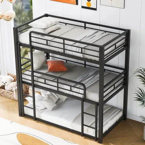 Vista 9 de Anwick - Litera de metal, litera triple para niños, adolescentes, adultos, niñas, niños, litera desmontable que se puede dividir en 3 camas Negro