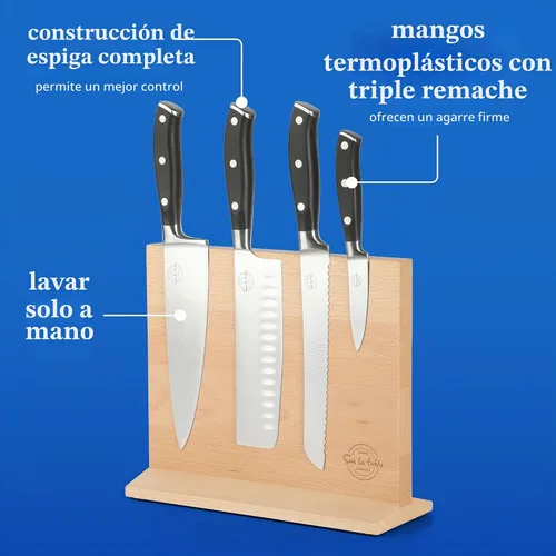 Vista 3 de Sur La Table Kitchen Essentials - Juego de 5 piezas de cuchillos de acero alemán con mango triple remachado en bloque magnético de madera de haya
