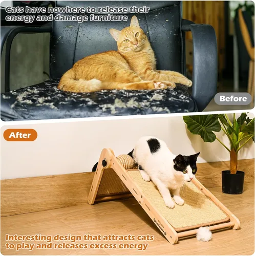 Vista 4 de Rascador para gatos, rascador de gatos con ángulos de 180°, almohadilla para rascar gatos de 23.6 pulgadas con bolas de juguete, almohadilla