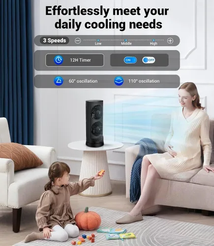 Vista 5 de Ventiladores de torre personales de refrigeración que soplan aire frío, ventilador de escritorio pequeño de pie con 3 velocidades y temporizador