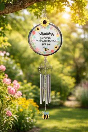 Vista 4 de Carillón de viento para abuela – Grandmother in a Garden of Flowers I'd Pick You – Campanilla de viento floral de abeja de girasol – Regalo colgante