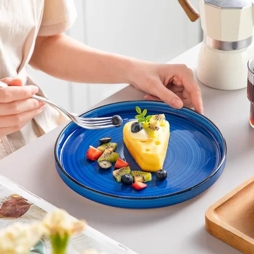 Vista 5 de vancasso Bonita platos de ensalada de 8.5 pulgadas, juego de pequeños platos de cena de cerámica, juego de 6 platos de postre, aptos para Azul