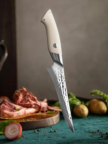 Vista 9 de HEZHEN Cuchillo de deshuesado de acero de Damasco de 6 pulgadas, cuchillo de fileteado para aves de corral y pescado, cuchillos de cocina de hoja
