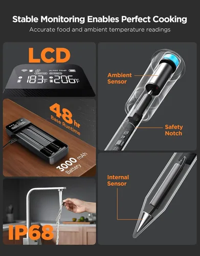 Vista 6 de GoveeLife Termómetro inalámbrico Bluetooth para carne con 2 sondas, base digital independiente, WiFi de alcance ilimitado, precisión de ±1.8℉, IP68