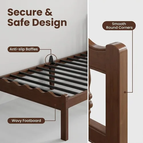 Vista 5 de Base de cama de bambú individual de 14 pulgadas con cabecera ondulada de mediados de siglo, cama de plataforma de madera maciza resistente