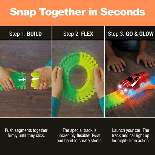 Vista 4 de Ontel Pista de Carreras Mágica de 10 Pies que Brilla en la Oscuridad, Flexible y Doblegable con Coche de Carrera LED, Juego Educativo de Regalo
