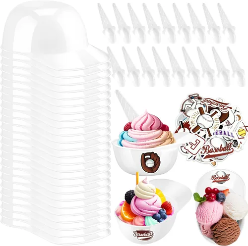 Vista 10 de MEEZY Juego de 16 cuencos de helado con diseño de casco de béisbol con 8 mini tazas de postre y 8 cucharas, 8 onzas. Cuencos reutilizables